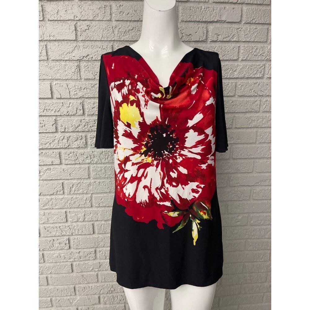 Susan Graver Women Black Floral Print Short Sleeve Cowl Neck Tunic Size S